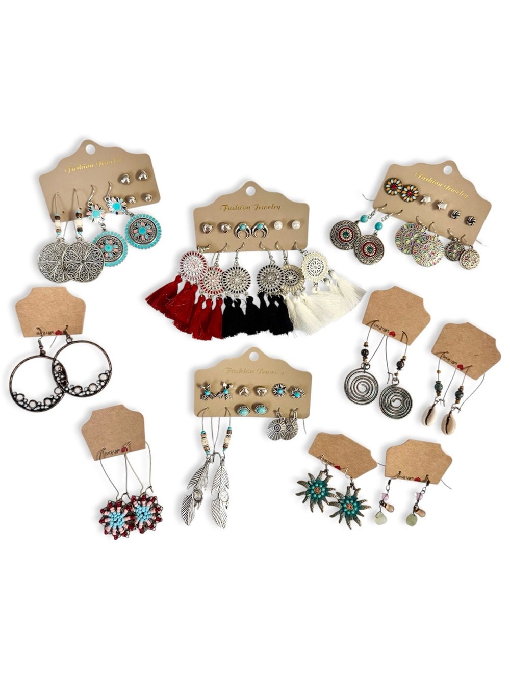 Huge Boho Earrings Lot 28ct Beachy Tassel Southwestern Feather Heart NWT